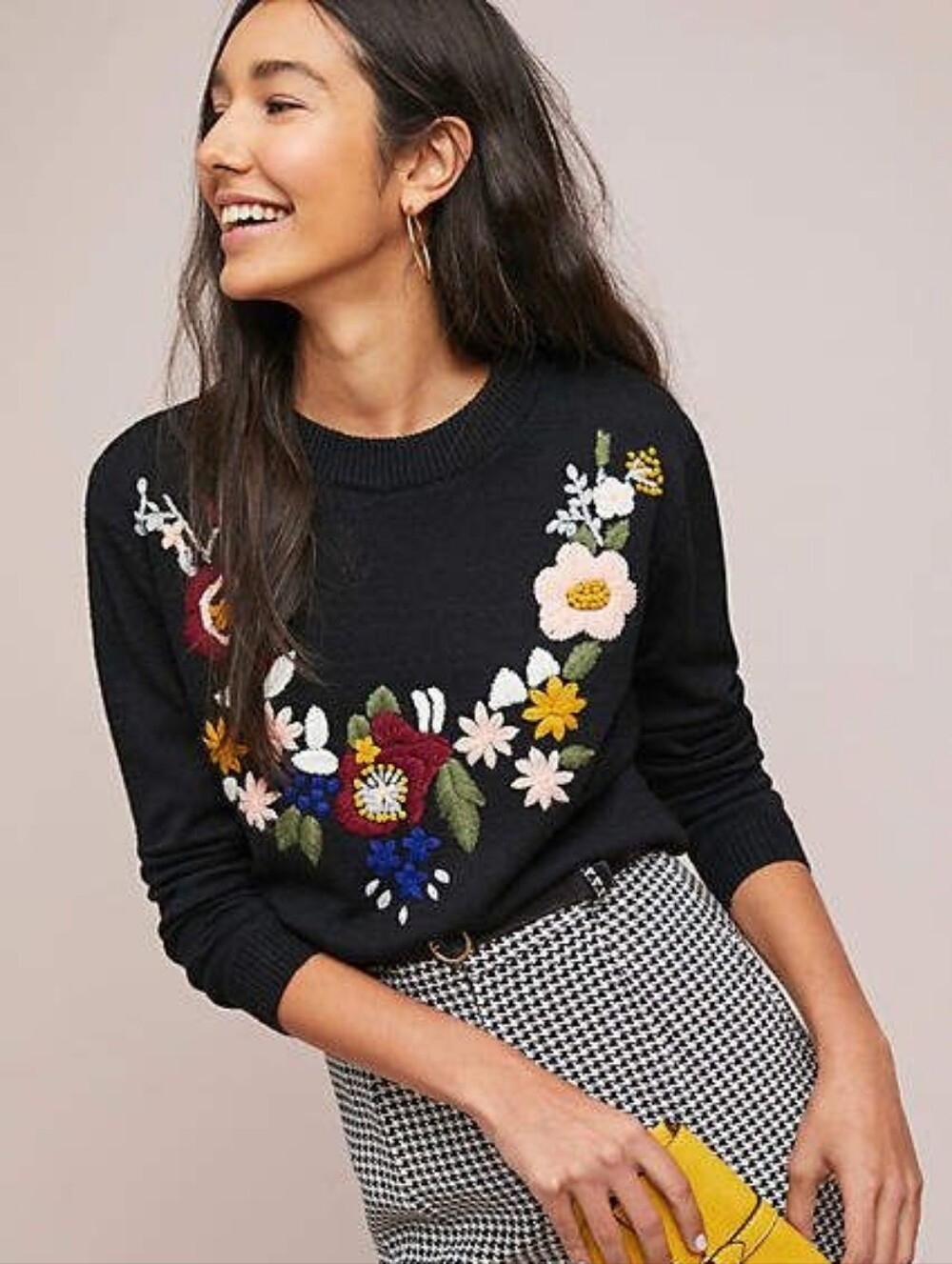 Anthropologie Monarc Floral Embroidered Black Sweater Cottagecore Boho M Medium